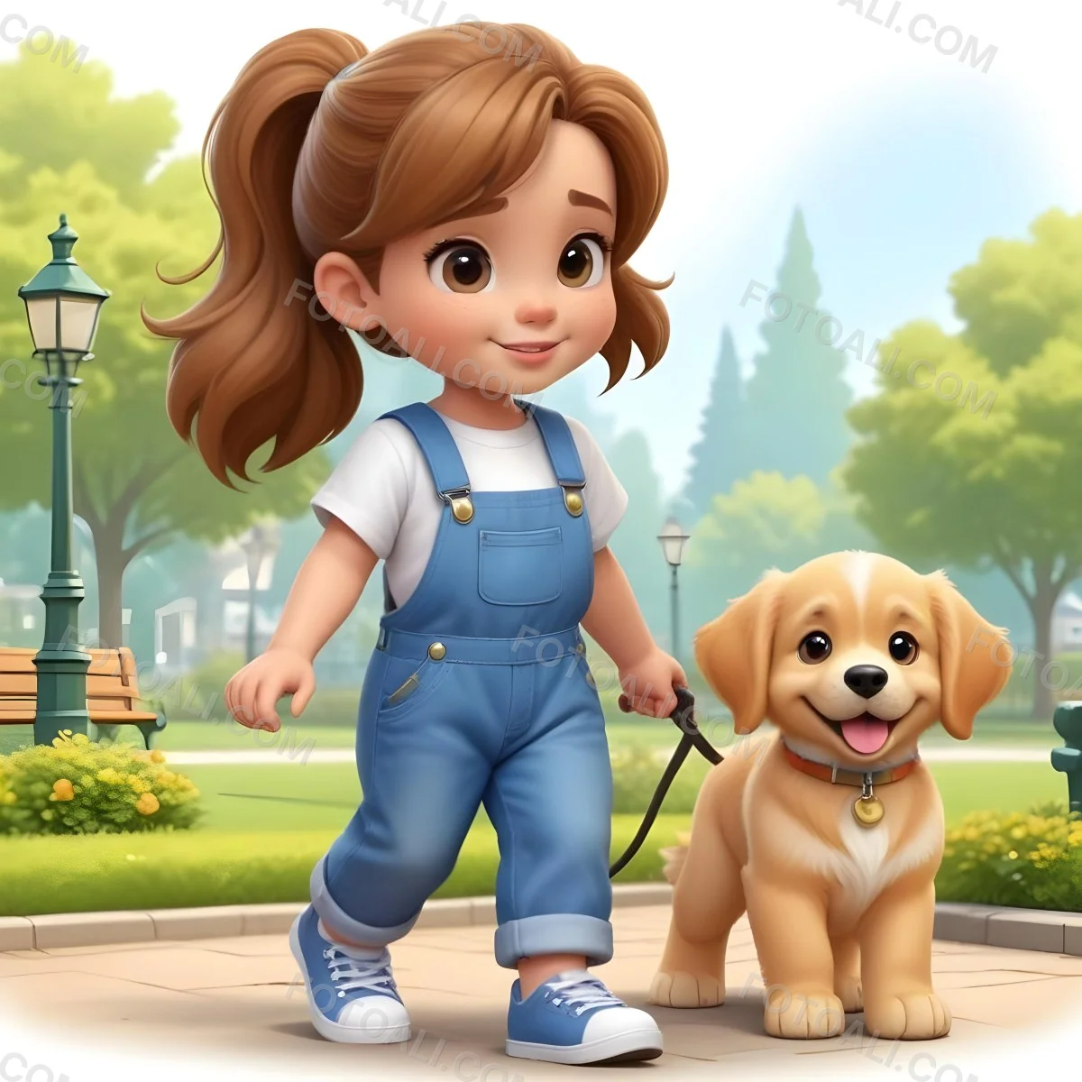 Colorful Flat Illustration Classical Animes A Young Girl Approximately 6 Years Old With Light Skin And Long Brown Hair In A Ponytail Wearing A White T Shirt And Blue Overalls She Is Walking A Golden Retriever Puppy O 6 7fe4