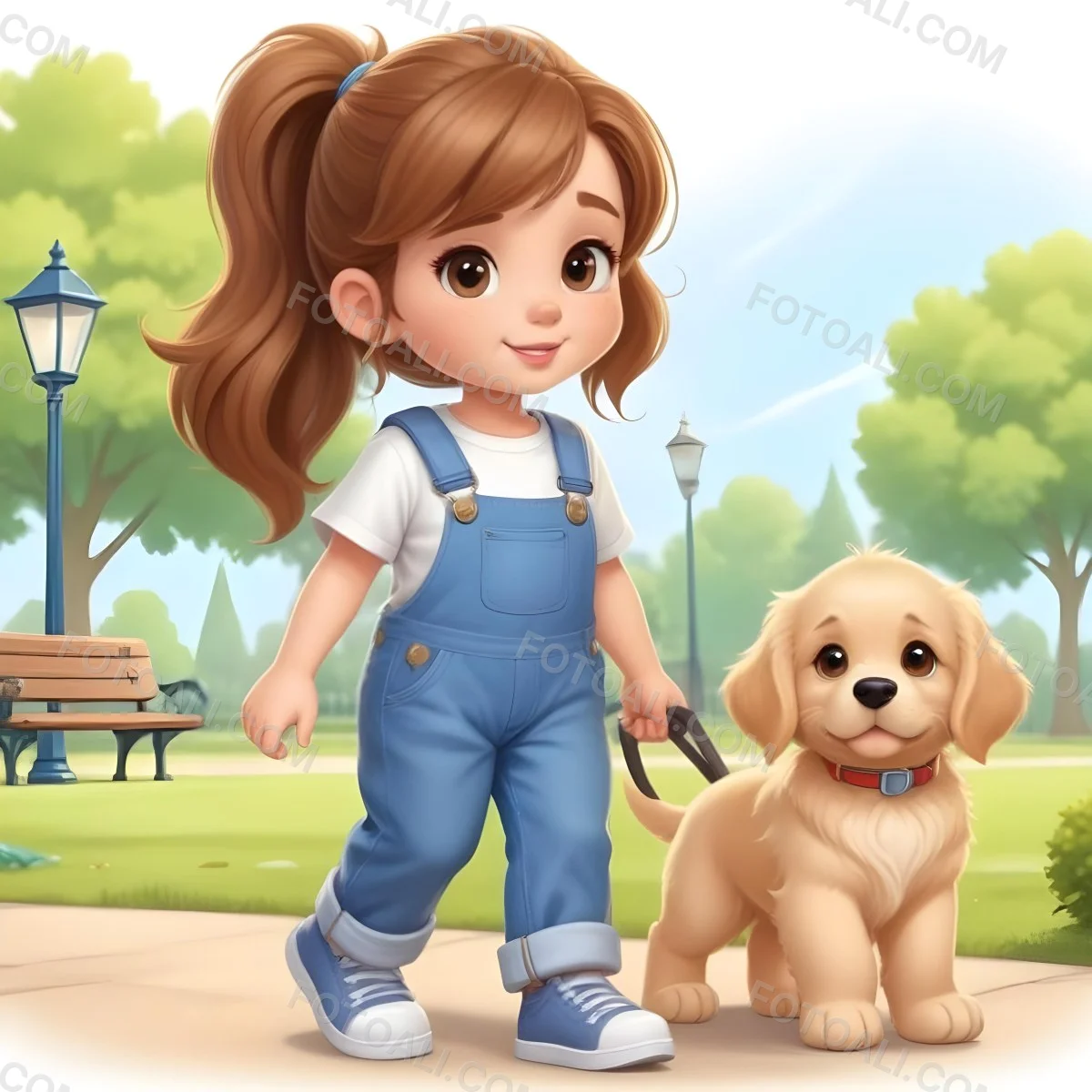 Colorful Flat Illustration Classical Animes A Young Girl Approximately 6 Years Old With Light Skin And Long Brown Hair In A Ponytail Wearing A White T Shirt And Blue Overalls She Is Walking A Golden Retriever Puppy O 7 D594