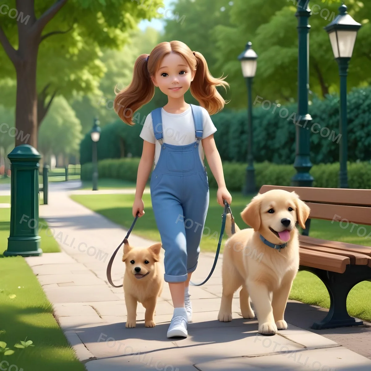 Colorful Flat Illustration Classical Animes A Young Girl Approximately 6 Years Old With Light Skin And Long Brown Hair In A Ponytail Wearing A White T Shirt And Blue Overalls She Is Walking A Golden Retriever Puppy O 9 Ff0f