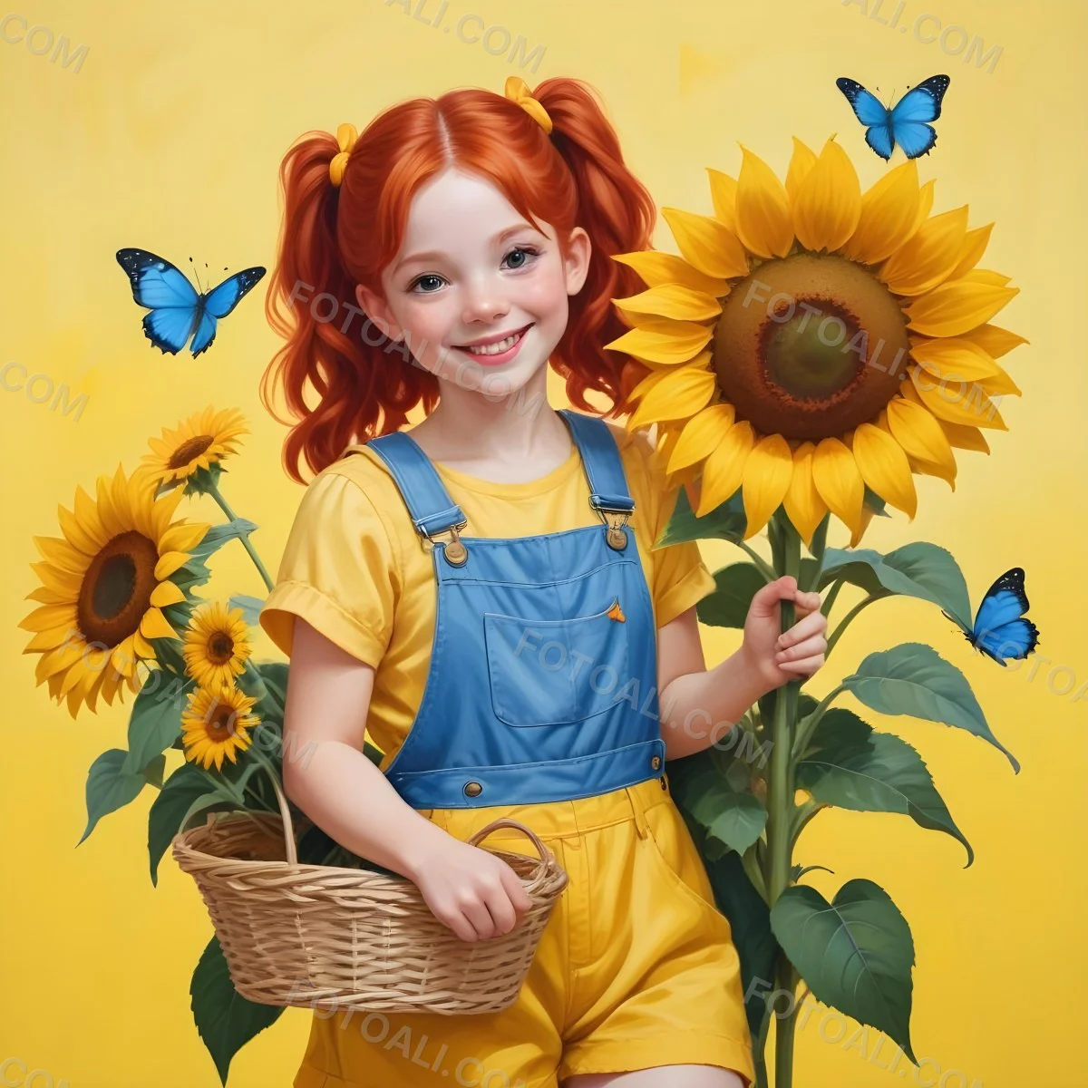Colorful Flat Illustration Classical Animes A Young Girl With Light Skin And Red Hair Styled In Two Pigtails Wearing A Yellow Bow She Is Smiling And Holding A Large Sunflower In One Hand While Carrying A Basket Filled W 1 Dbca