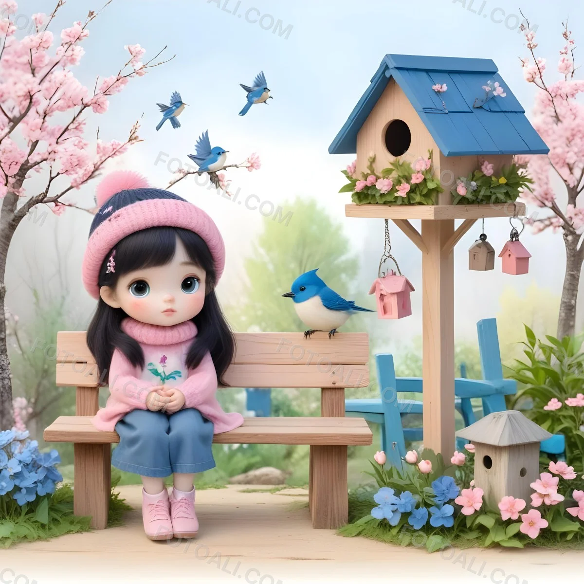 Colorful Flat Illustration Classical Animes A Young Girl With Pale Skin And Long Black Hair Around 8 Years Old Wearing A Pink Sweater And A Matching Pink Hat Sitting On A Wooden Bench Two Small Blue Birds Are Perc 16 B3a6