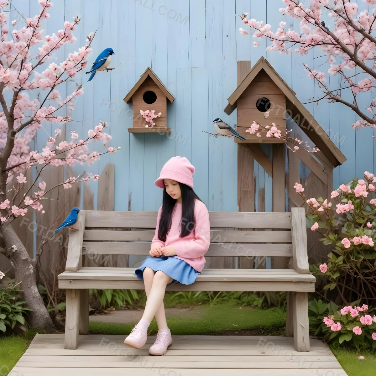 Colorful Flat Illustration Classical Animes A Young Girl With Pale Skin And Long Black Hair Around 8 Years Old Wearing A Pink Sweater And A Matching Pink Hat Sitting On A Wooden Bench Two Small Blue Birds Are Perc 17 6450