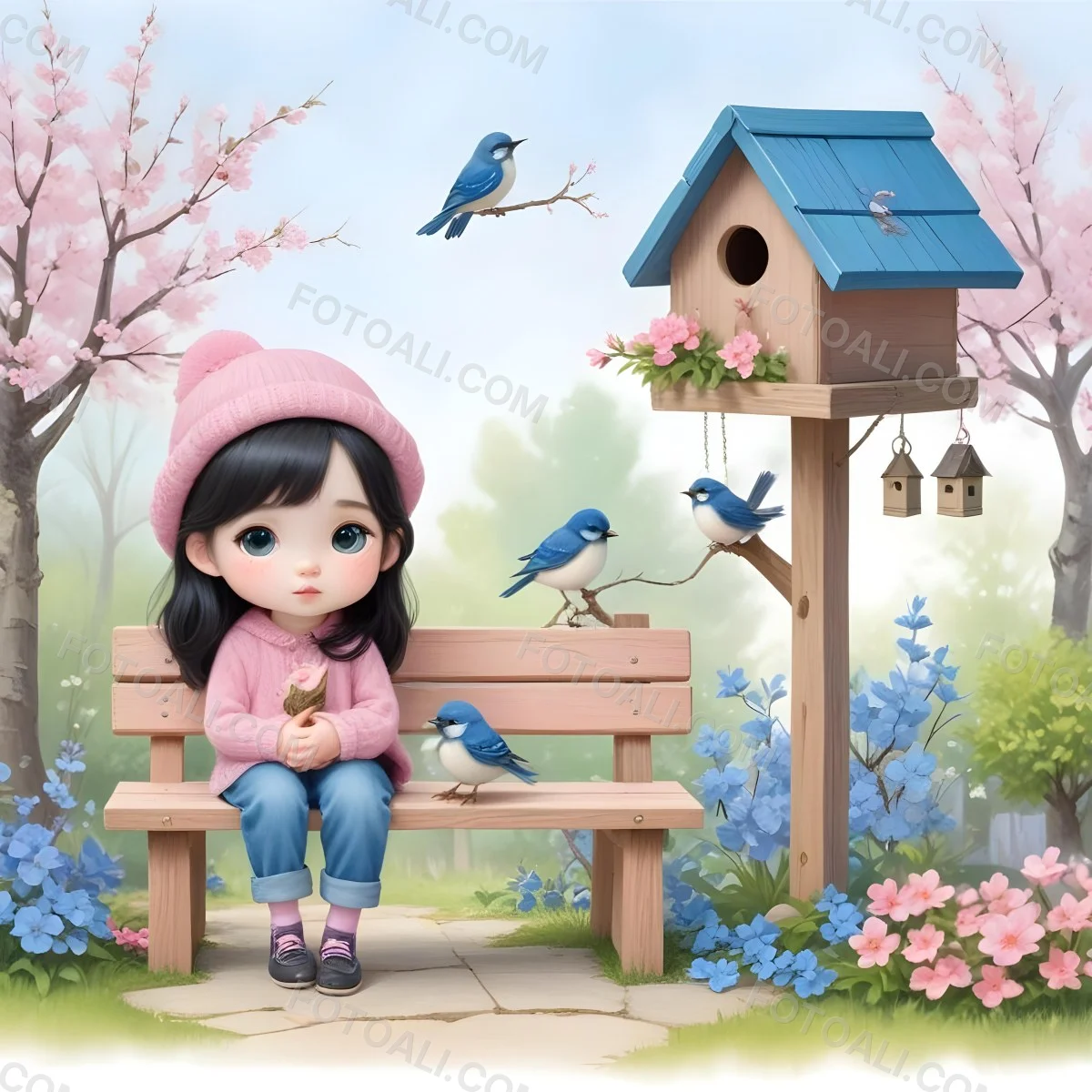 Colorful Flat Illustration Classical Animes A Young Girl With Pale Skin And Long Black Hair Around 8 Years Old Wearing A Pink Sweater And A Matching Pink Hat Sitting On A Wooden Bench Two Small Blue Birds Are Perc 18 2d2a