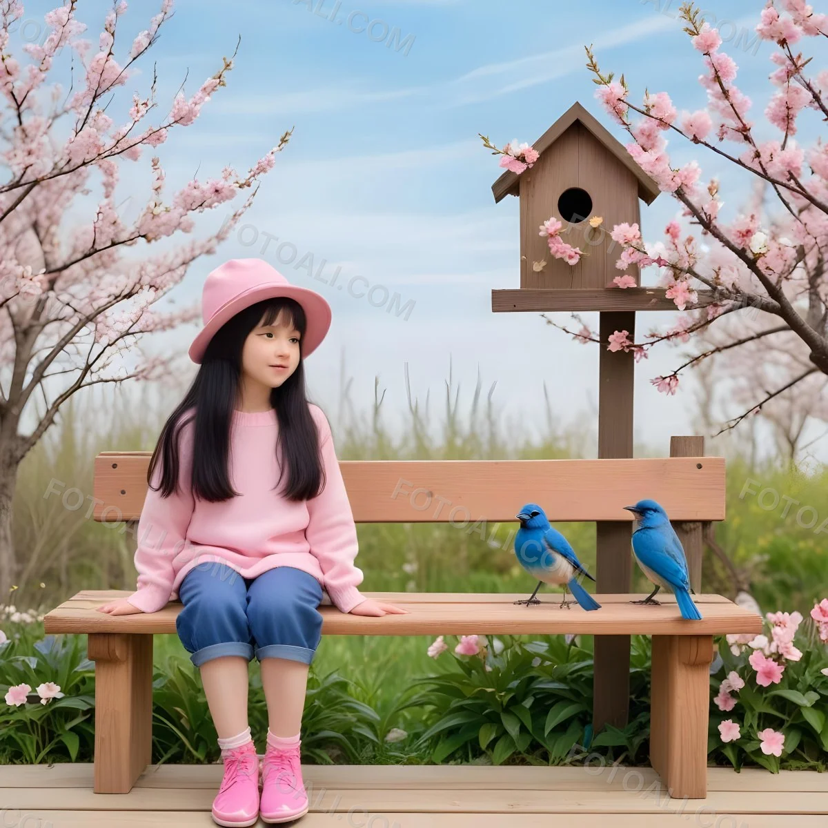 Colorful Flat Illustration Classical Animes A Young Girl With Pale Skin And Long Black Hair Around 8 Years Old Wearing A Pink Sweater And A Matching Pink Hat Sitting On A Wooden Bench Two Small Blue Birds Are Perc 20 5286