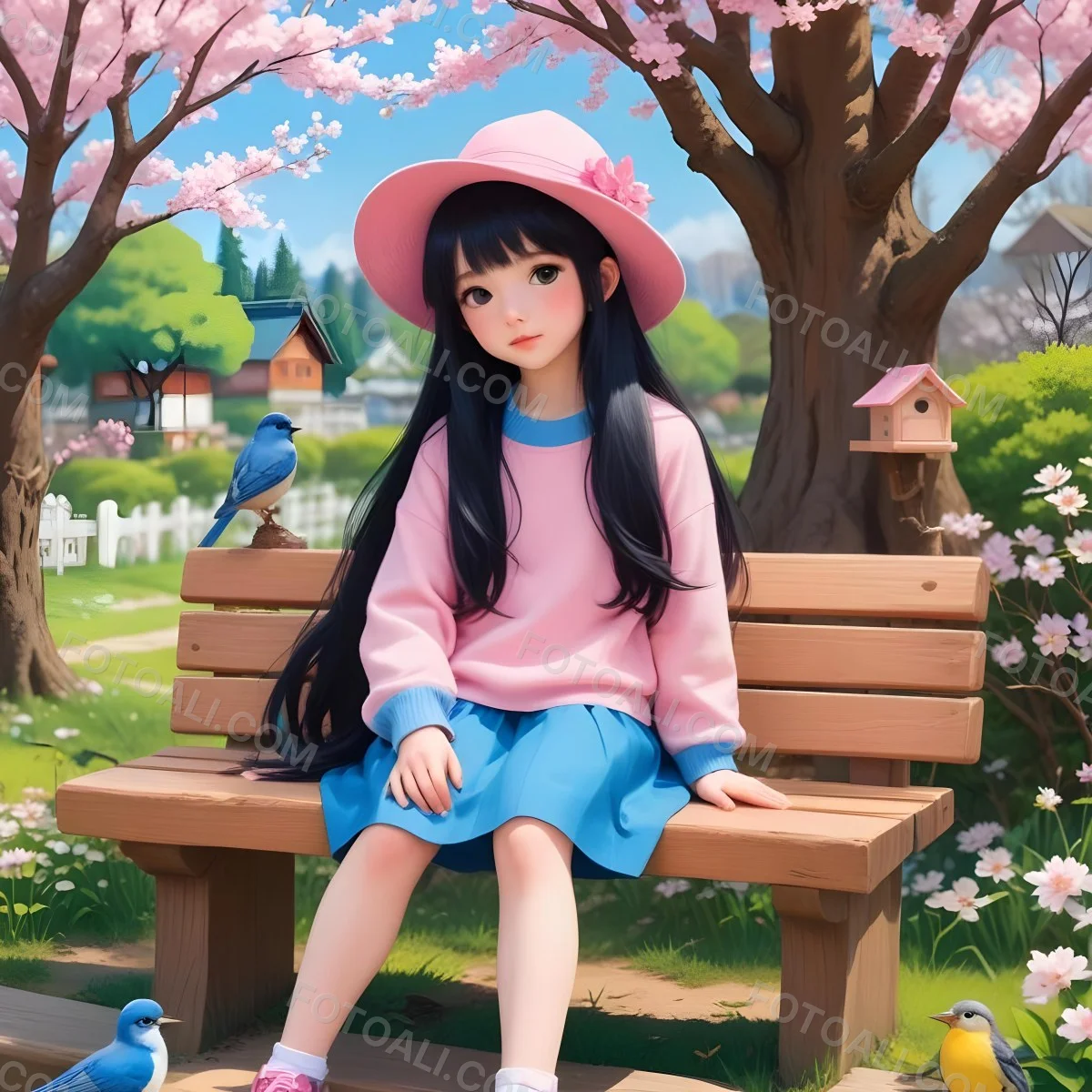 Colorful Flat Illustration Classical Animes A Young Girl With Pale Skin And Long Black Hair Around 8 Years Old Wearing A Pink Sweater And A Matching Pink Hat Sitting On A Wooden Bench Two Small Blue Birds Are Perc 23 05ef