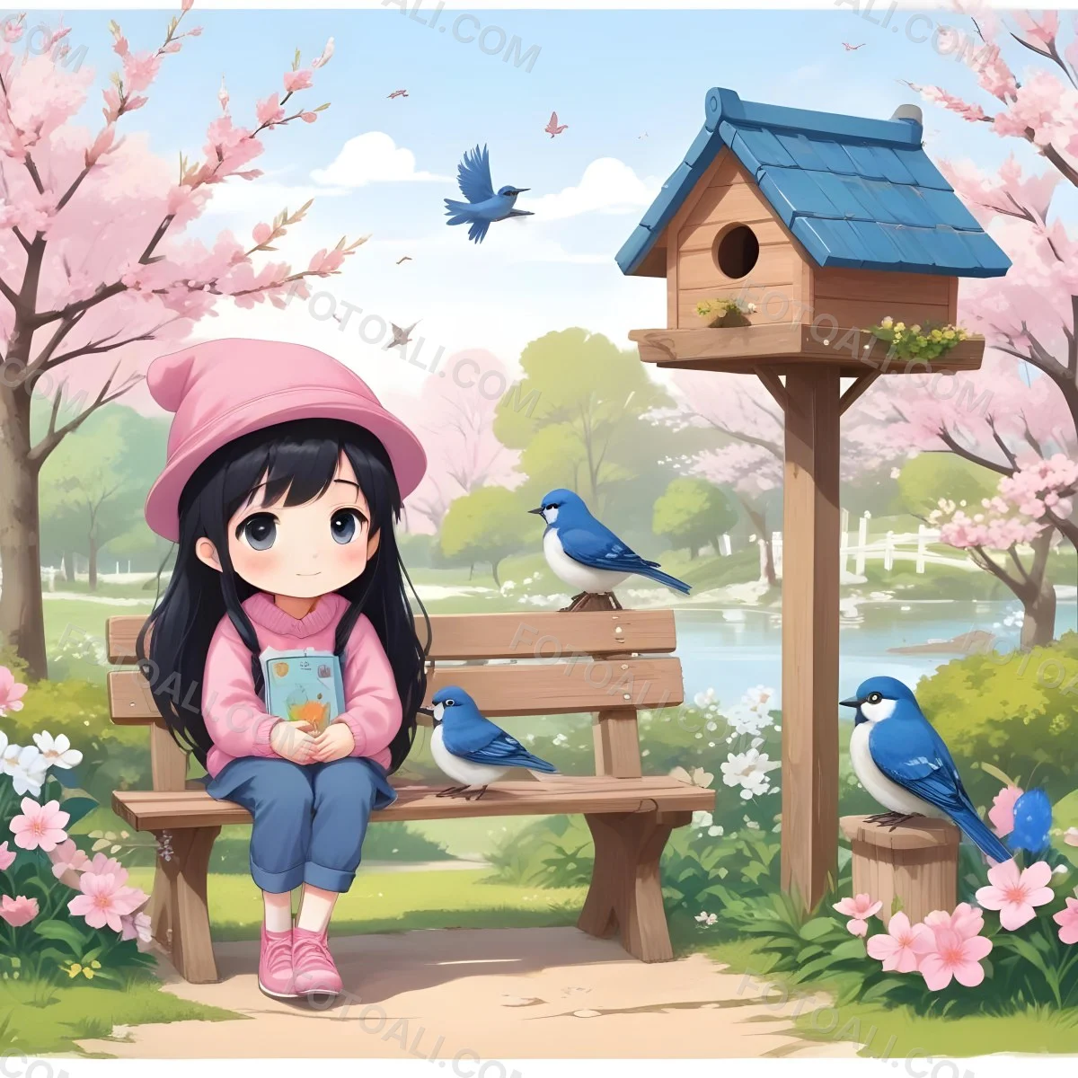 Colorful Flat Illustration Classical Animes A Young Girl With Pale Skin And Long Black Hair Around 8 Years Old Wearing A Pink Sweater And A Matching Pink Hat Sitting On A Wooden Bench Two Small Blue Birds Are Perc 31 F733