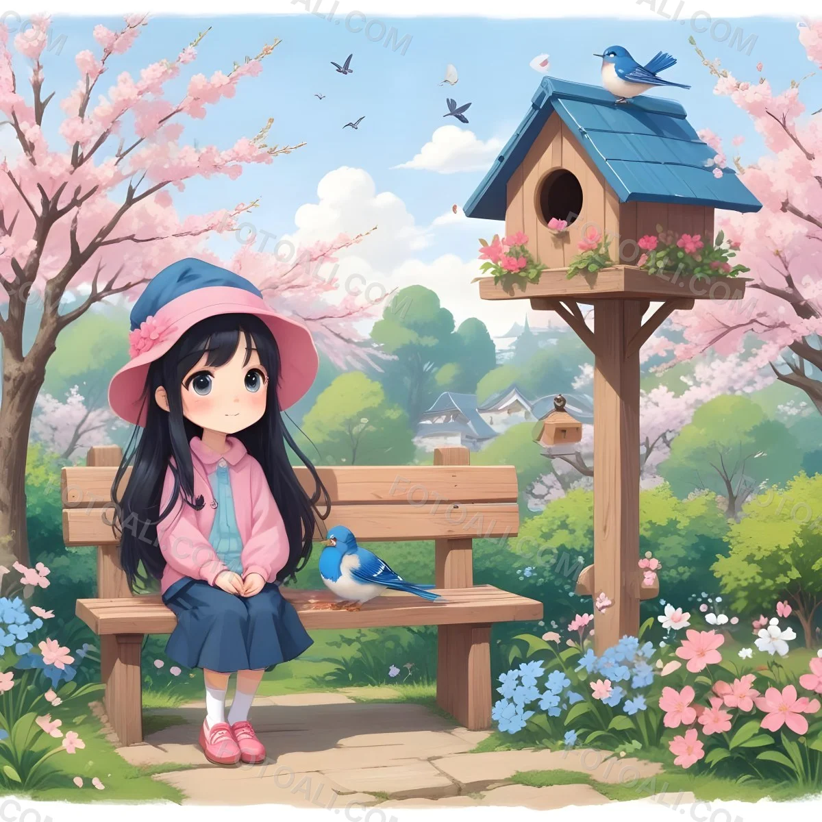 Colorful Flat Illustration Classical Animes A Young Girl With Pale Skin And Long Black Hair Around 8 Years Old Wearing A Pink Sweater And A Matching Pink Hat Sitting On A Wooden Bench Two Small Blue Birds Are Perc 32 Fb78