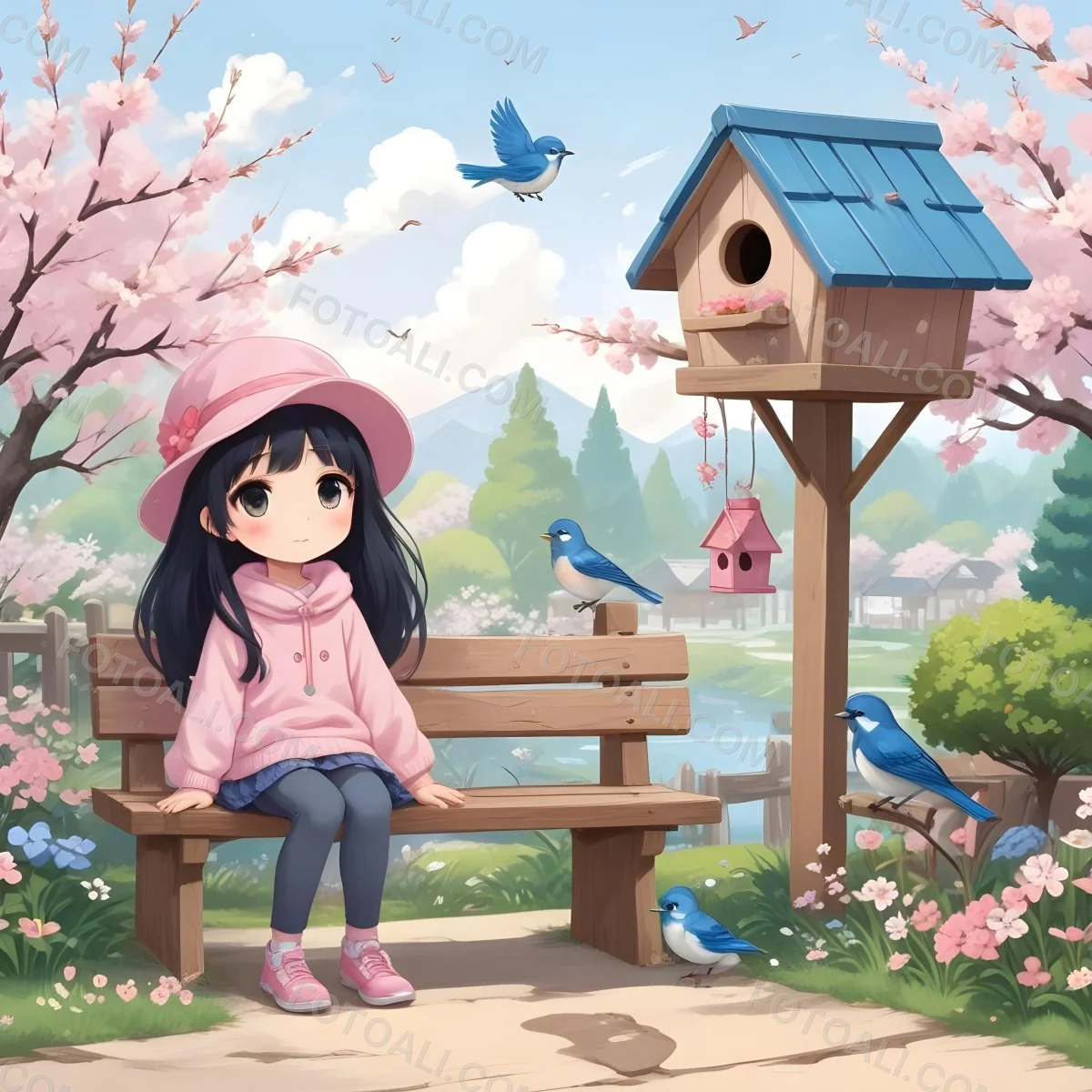Colorful Flat Illustration Classical Animes A Young Girl With Pale Skin And Long Black Hair Around 8 Years Old Wearing A Pink Sweater And A Matching Pink Hat Sitting On A Wooden Bench Two Small Blue Birds Are Perc 33 87c9