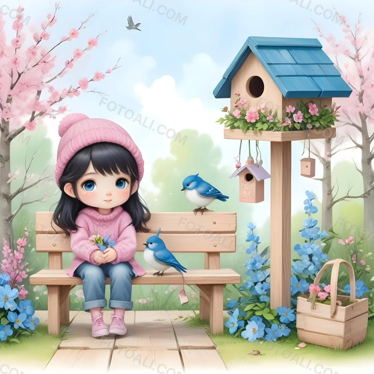 Colorful Flat Illustration Classical Animes A Young Girl With Pale Skin And Long Black Hair Around 8 Years Old Wearing A Pink Sweater And A Matching Pink Hat Sitting On A Wooden Bench Two Small Blue Birds Are Perc 7 7da7