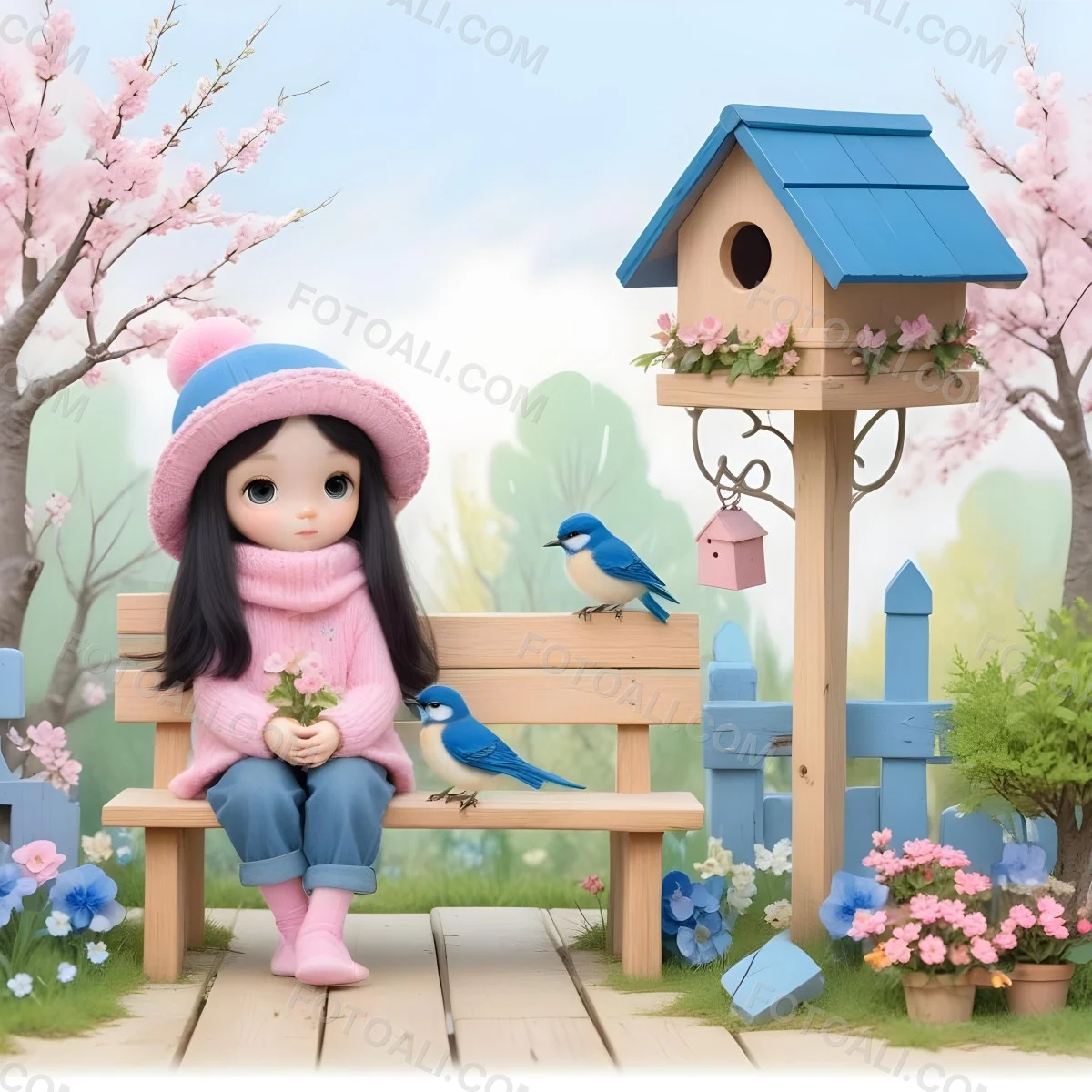 Colorful Flat Illustration Classical Animes A Young Girl With Pale Skin And Long Black Hair Around 8 Years Old Wearing A Pink Sweater And A Matching Pink Hat Sitting On A Wooden Bench Two Small Blue Birds Are Perc 8 7319