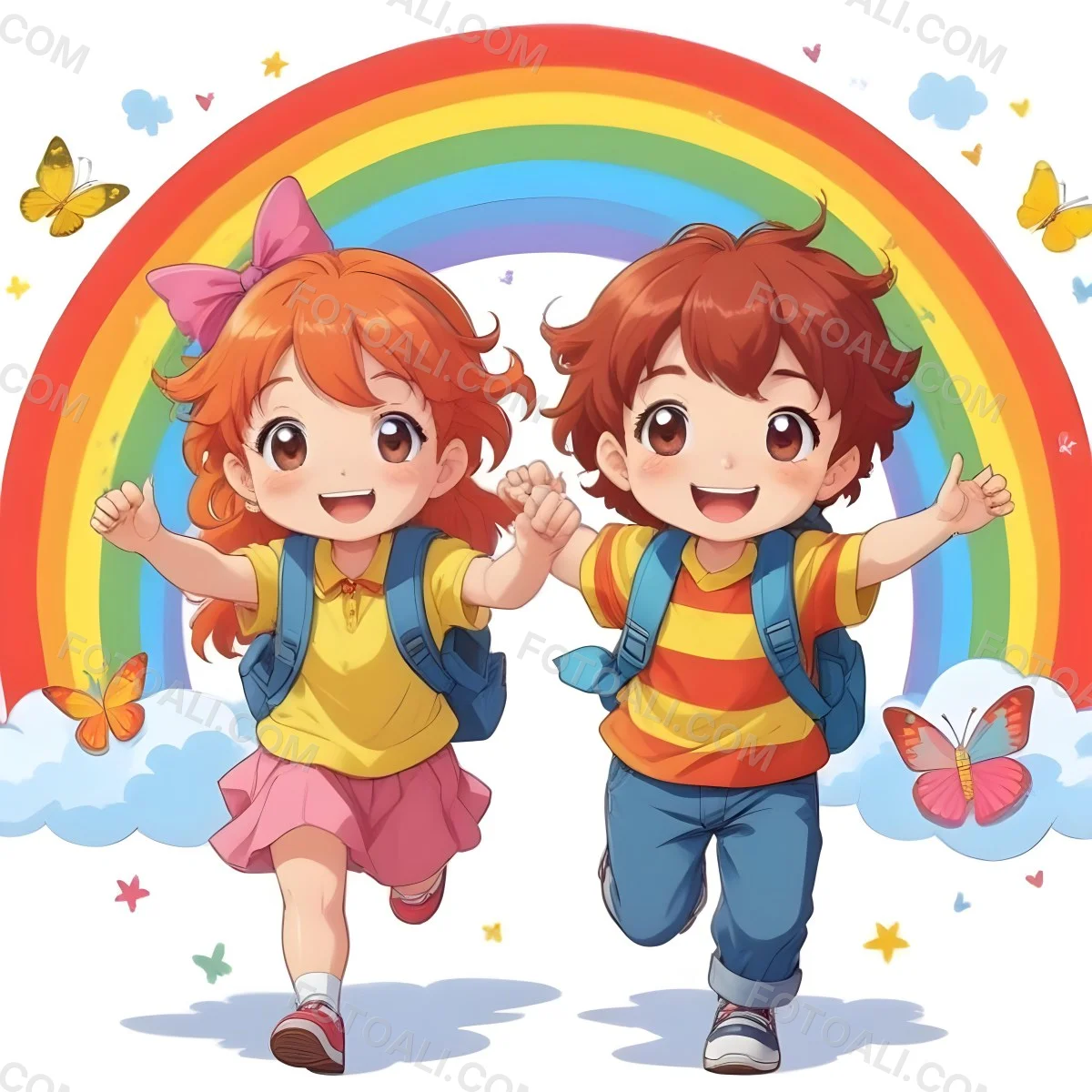 Colorful Flat Illustration Classical Animes Two Children Are Smiling And Running The Girl Has Red Hair And Is Wearing A Yellow Shirt With A Pink Skirt And A Yellow Bow In Her Hair The Boy Has Dark Hair And Is Wearing A 3 4384