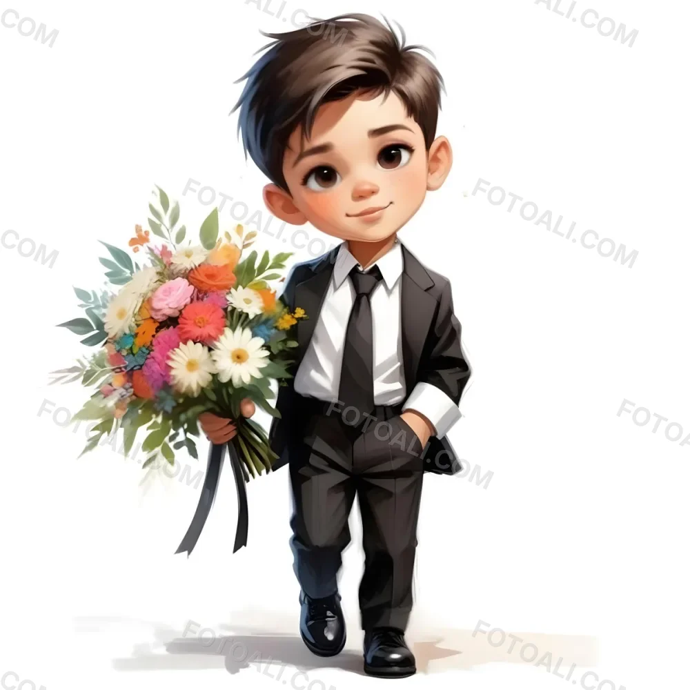 Colorful Flat Illustration Classical Animes Young Boy With Light Skin And Short Black Hair Wearing A Black Suit And Tie Holding A Bouquet Of Colorful Flowers The Background Is Plain White Draw Art Style Influenced 12 0917
