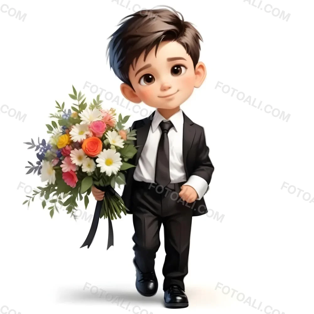 Colorful Flat Illustration Classical Animes Young Boy With Light Skin And Short Black Hair Wearing A Black Suit And Tie Holding A Bouquet Of Colorful Flowers The Background Is Plain White Draw Art Style Influenced 20 3fde