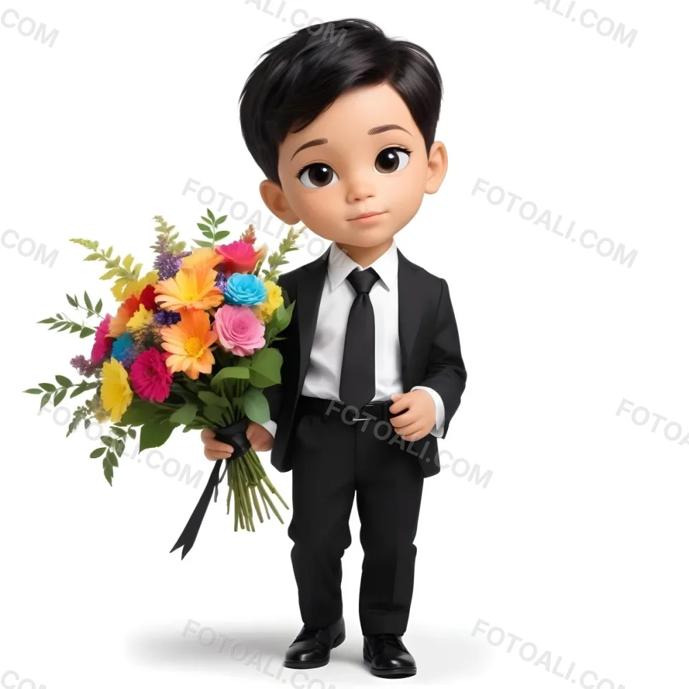 Colorful Flat Illustration Classical Animes Young Boy With Light Skin And Short Black Hair Wearing A Black Suit And Tie Holding A Bouquet Of Colorful Flowers The Background Is Plain White Draw Art Style Influenced 26 D254