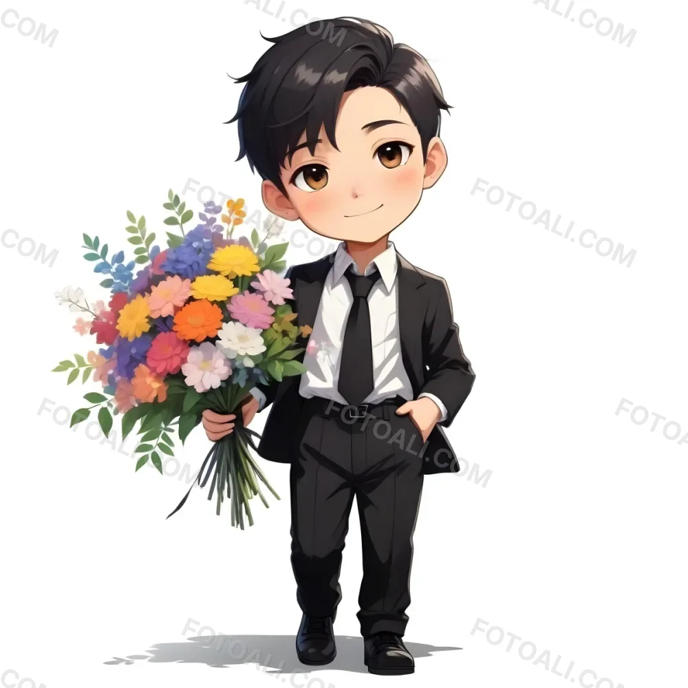 Colorful Flat Illustration Classical Animes Young Boy With Light Skin And Short Black Hair Wearing A Black Suit And Tie Holding A Bouquet Of Colorful Flowers The Background Is Plain White Draw Art Style Influenced 34 23e5