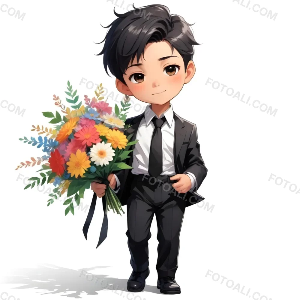 Colorful Flat Illustration Classical Animes Young Boy With Light Skin And Short Black Hair Wearing A Black Suit And Tie Holding A Bouquet Of Colorful Flowers The Background Is Plain White Draw Art Style Influenced 35 Ea19