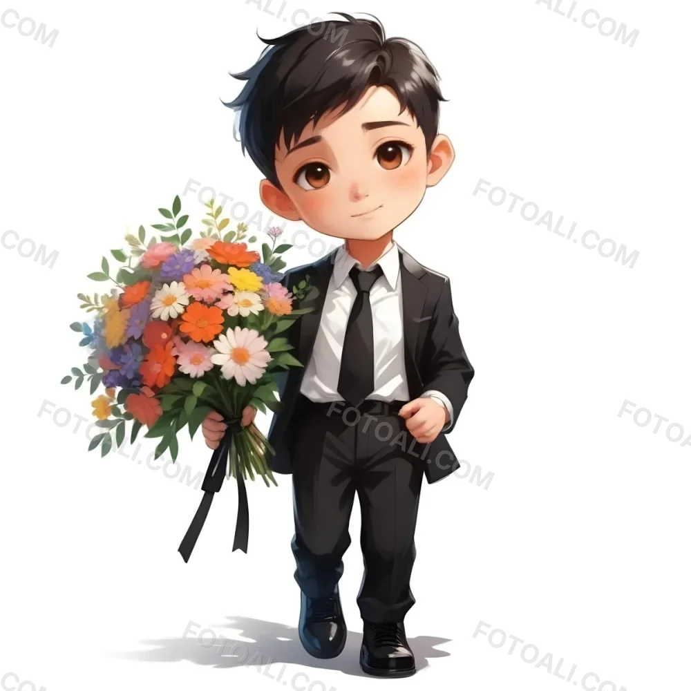 Colorful Flat Illustration Classical Animes Young Boy With Light Skin And Short Black Hair Wearing A Black Suit And Tie Holding A Bouquet Of Colorful Flowers The Background Is Plain White Draw Art Style Influenced 39 6a5a