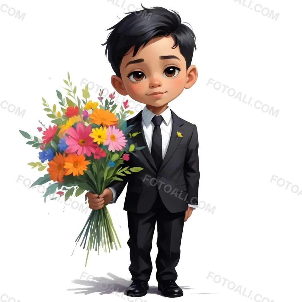 Colorful Flat Illustration Classical Animes Young Boy With Light Skin And Short Black Hair Wearing A Black Suit And Tie Holding A Bouquet Of Colorful Flowers The Background Is Plain White Draw Art Style Influenced 4 7543