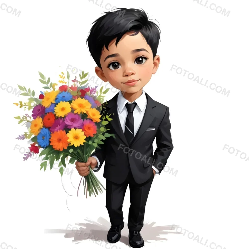 Colorful Flat Illustration Classical Animes Young Boy With Light Skin And Short Black Hair Wearing A Black Suit And Tie Holding A Bouquet Of Colorful Flowers The Background Is Plain White Draw Art Style Influenced 5 93a9
