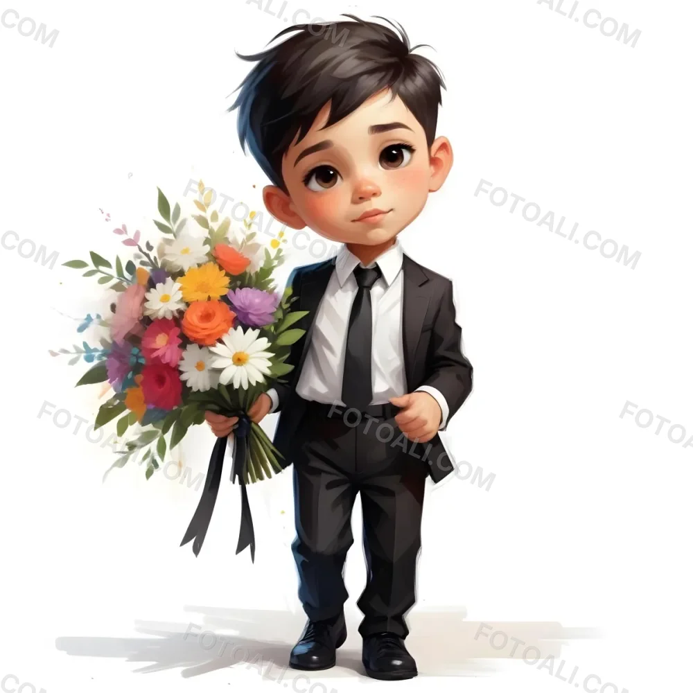 Colorful Flat Illustration Classical Animes Young Boy With Light Skin And Short Black Hair Wearing A Black Suit And Tie Holding A Bouquet Of Colorful Flowers The Background Is Plain White Draw Art Style Influenced 7 947e