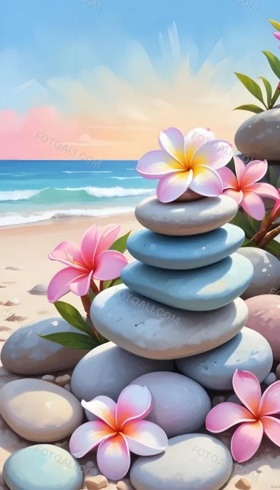 Colorful Stacked Stones With Pink Plumeria Flowers On A Tropical Beach At Sunset With Palm Trees In The Background 1 90e4