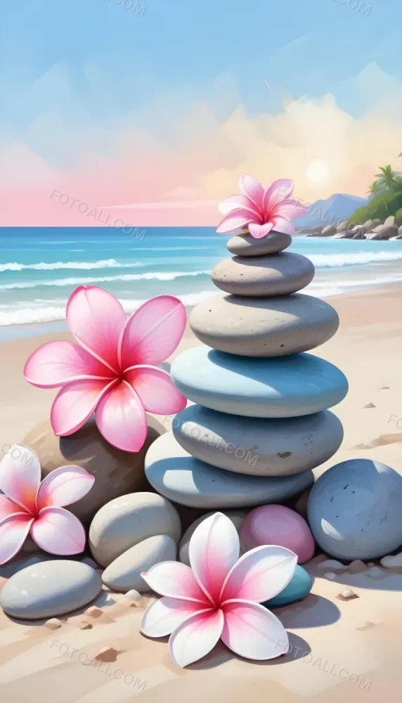 Colorful Stacked Stones With Pink Plumeria Flowers On A Tropical Beach At Sunset With Palm Trees In The Background 10 01d5