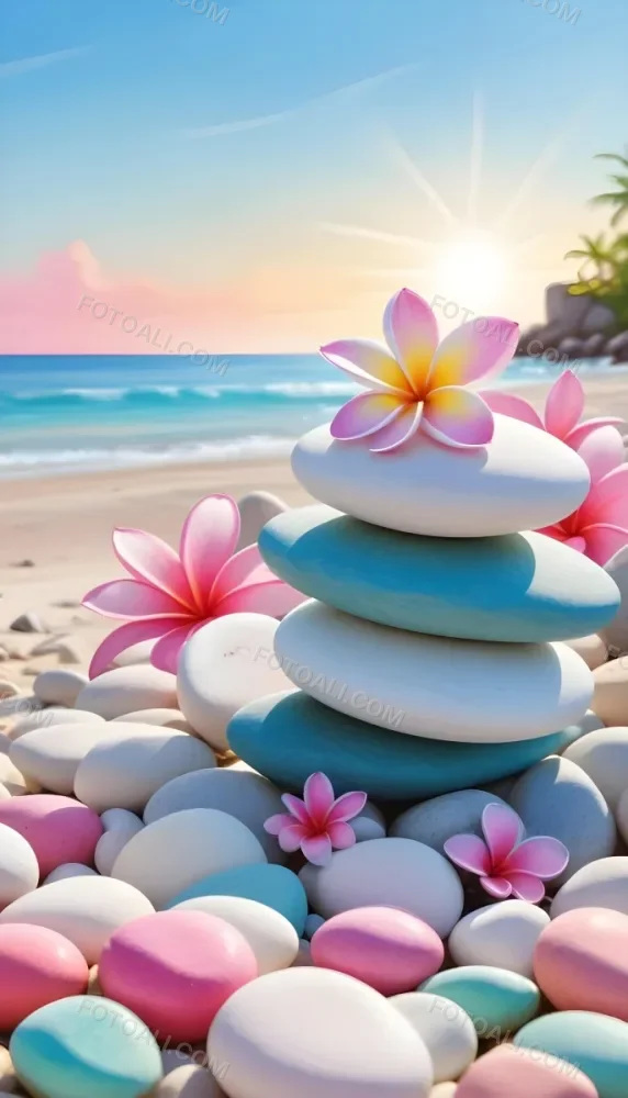 Colorful Stacked Stones With Pink Plumeria Flowers On A Tropical Beach At Sunset With Palm Trees In The Background 11 C9b6