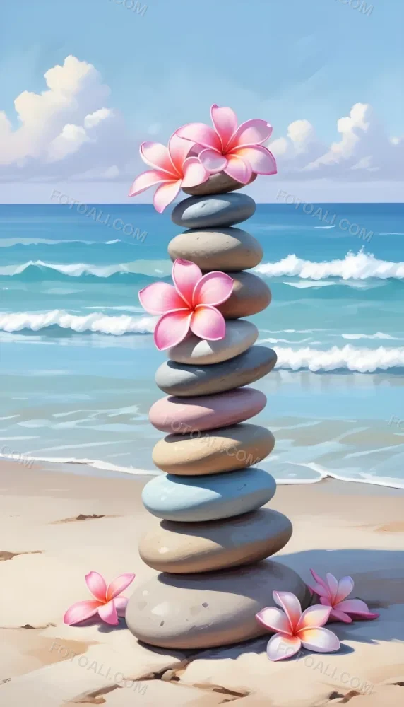 Colorful Stacked Stones With Pink Plumeria Flowers On A Tropical Beach At Sunset With Palm Trees In The Background 12 Eb38