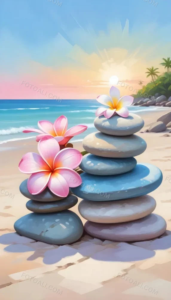 Colorful Stacked Stones With Pink Plumeria Flowers On A Tropical Beach At Sunset With Palm Trees In The Background 13 6ae9