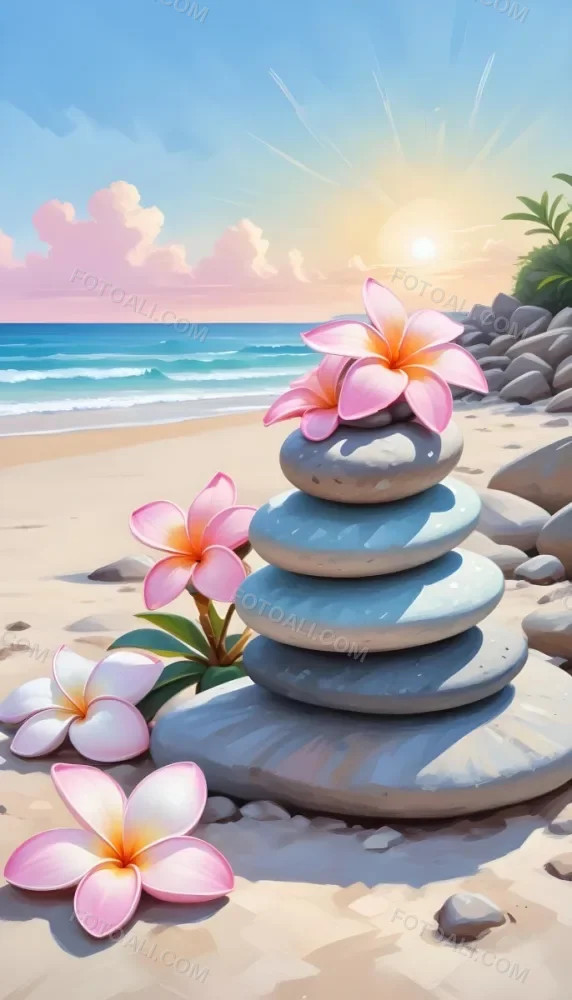 Colorful Stacked Stones With Pink Plumeria Flowers On A Tropical Beach At Sunset With Palm Trees In The Background 15 9957