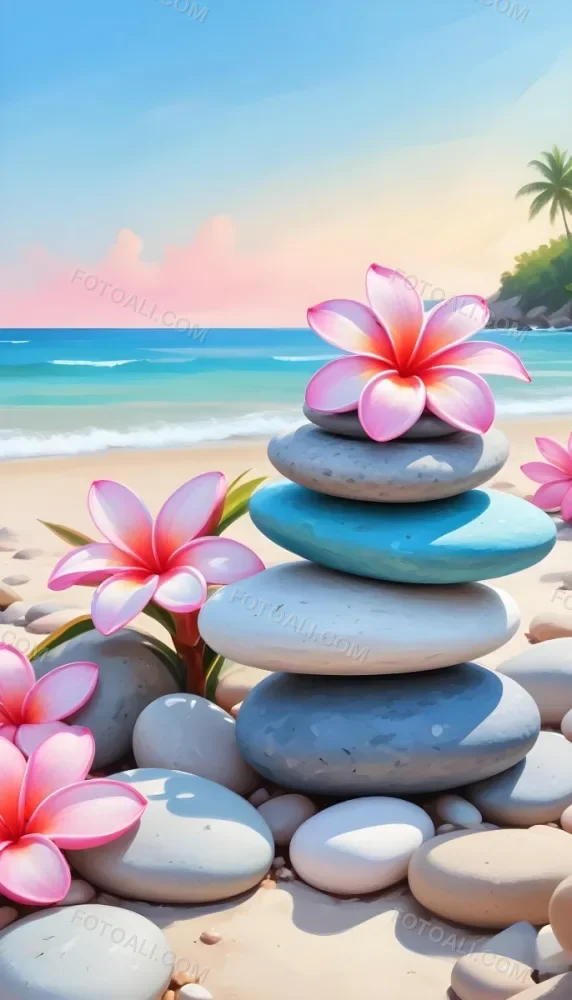 Colorful Stacked Stones With Pink Plumeria Flowers On A Tropical Beach At Sunset With Palm Trees In The Background 16 D1ff