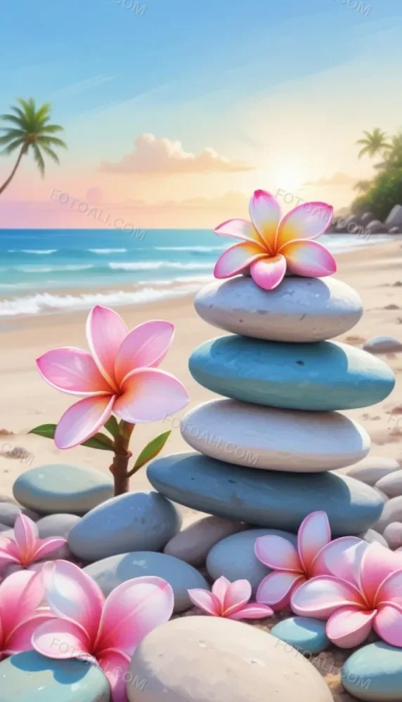 Colorful Stacked Stones With Pink Plumeria Flowers On A Tropical Beach At Sunset With Palm Trees In The Background 3 534f