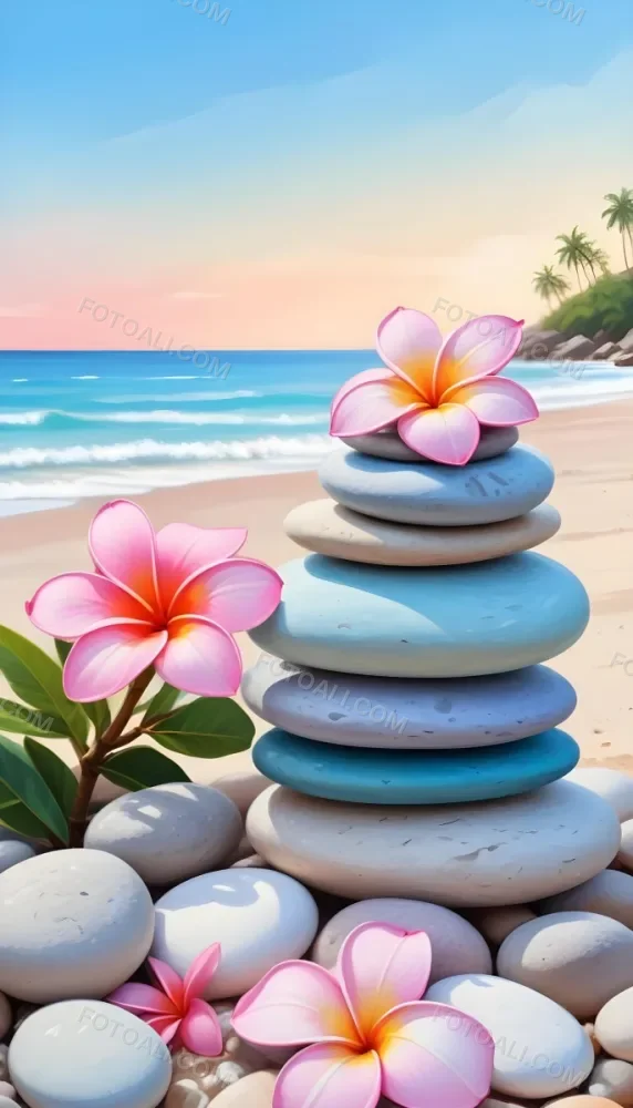 Colorful Stacked Stones With Pink Plumeria Flowers On A Tropical Beach At Sunset With Palm Trees In The Background 5 F9e4