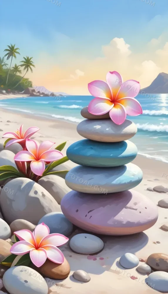Colorful Stacked Stones With Pink Plumeria Flowers On A Tropical Beach At Sunset With Palm Trees In The Background 6 Ba89