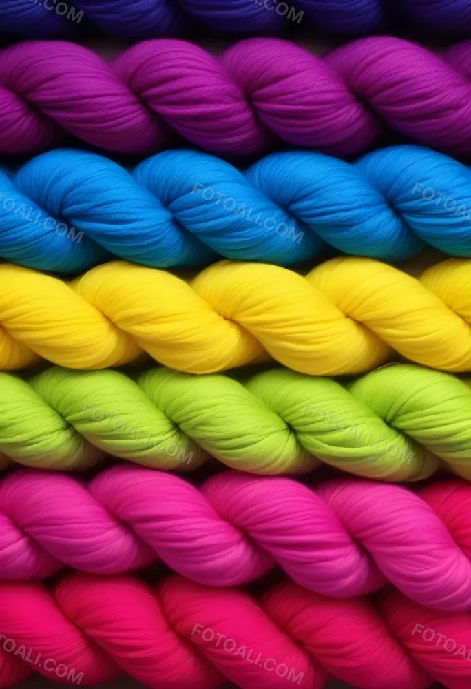 Colorful Strands Of Yarn Arranged In Horizontal Rows Featuring Vibrant Shades Of Blue Yellow Green Pink And Purple The Yarn Is Twisted And Neatly Organized Showcasing A Gradient Of Colors 27 0be9