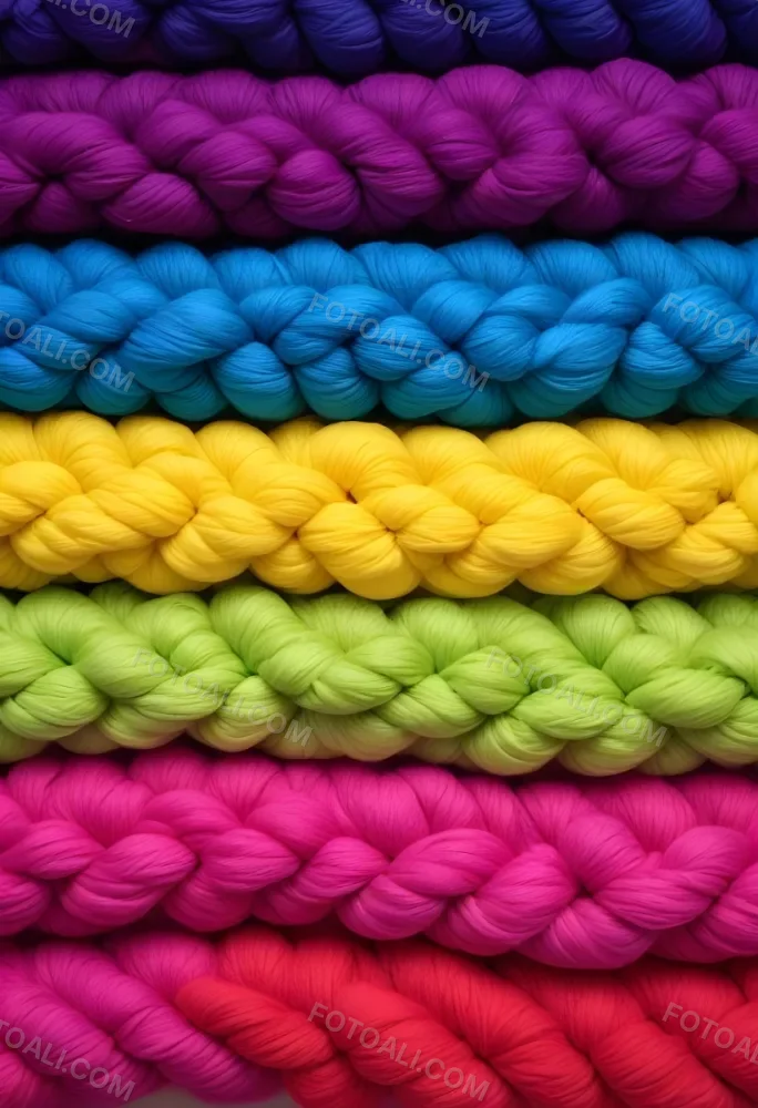 Colorful Strands Of Yarn Arranged In Horizontal Rows Featuring Vibrant Shades Of Blue Yellow Green Pink And Purple The Yarn Is Twisted And Neatly Organized Showcasing A Gradient Of Colors 28 34d6