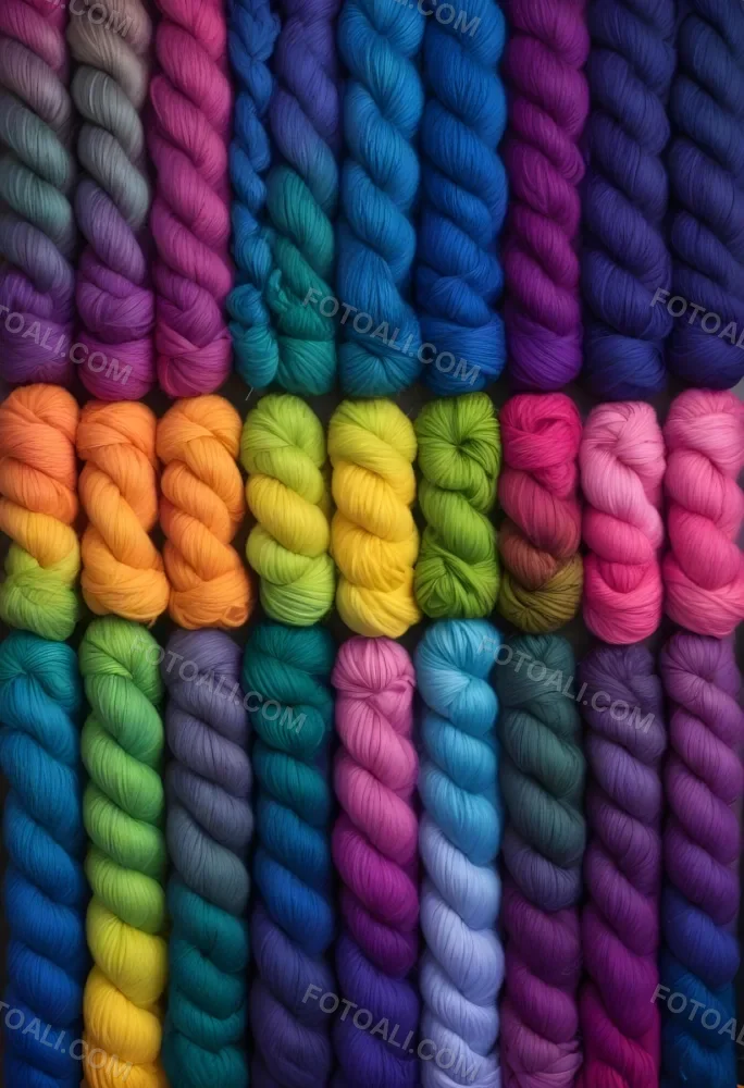 Colorful Strands Of Yarn Arranged In Horizontal Rows Featuring Vibrant Shades Of Blue Yellow Green Pink And Purple The Yarn Is Twisted And Neatly Organized Showcasing A Gradient Of Colors 29 5c7e
