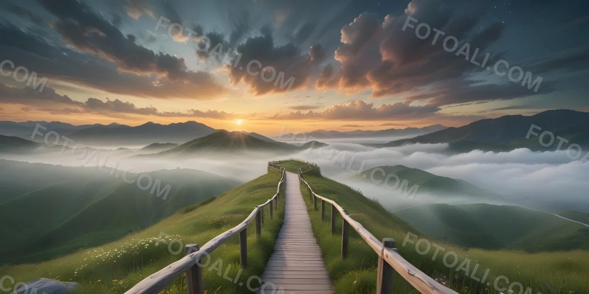 Comic Style A Wooden Walkway Leading Through A Lush Green Landscape With Mountains In The Background Under A Dramatic Cloudy Sky At Sunset A Stone Path Winding Through A Vibrant Colorful Meadow With Hills In 17 8674
