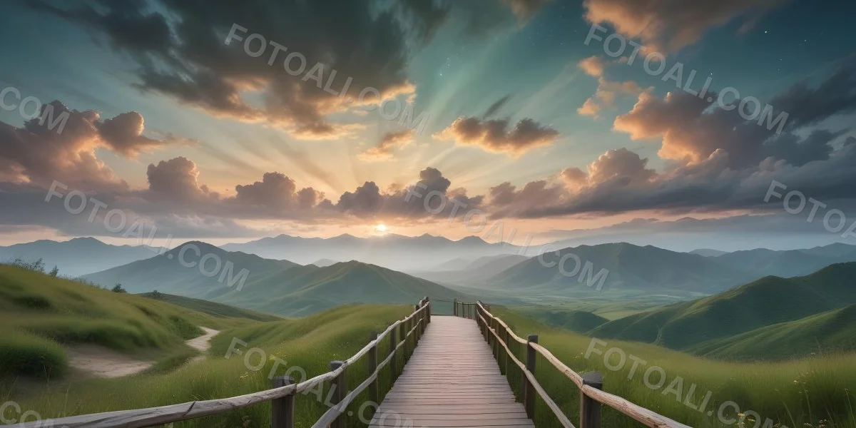 Comic Style A Wooden Walkway Leading Through A Lush Green Landscape With Mountains In The Background Under A Dramatic Cloudy Sky At Sunset A Stone Path Winding Through A Vibrant Colorful Meadow With Hills In 18 0065