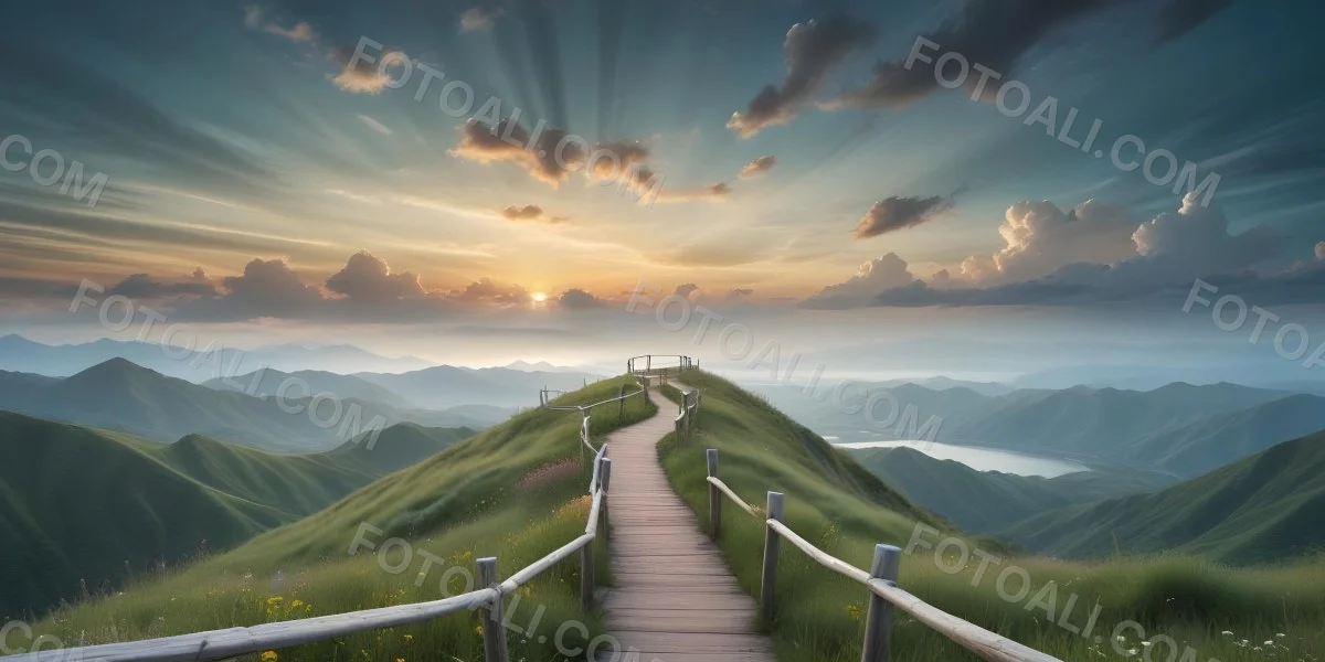 Comic Style A Wooden Walkway Leading Through A Lush Green Landscape With Mountains In The Background Under A Dramatic Cloudy Sky At Sunset A Stone Path Winding Through A Vibrant Colorful Meadow With Hills In 22 388f
