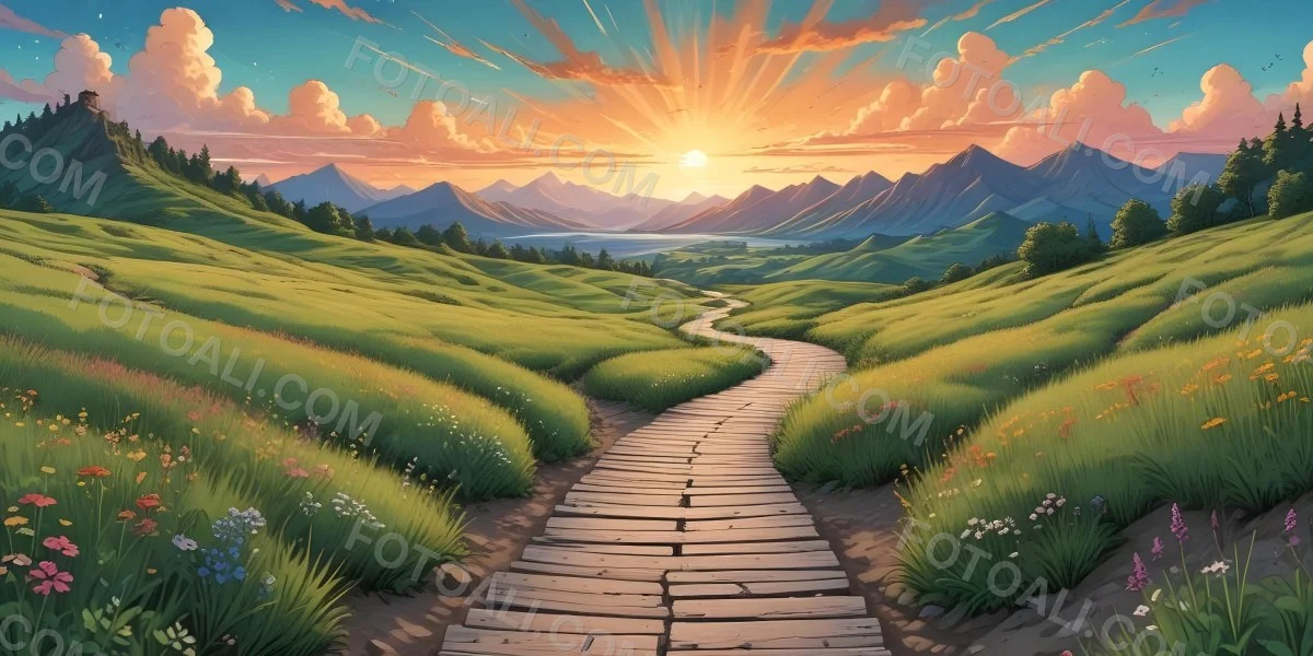 Comic Style A Wooden Walkway Leading Through A Lush Green Landscape With Mountains In The Background Under A Dramatic Cloudy Sky At Sunset A Stone Path Winding Through A Vibrant Colorful Meadow With Hills In 28 7c8f