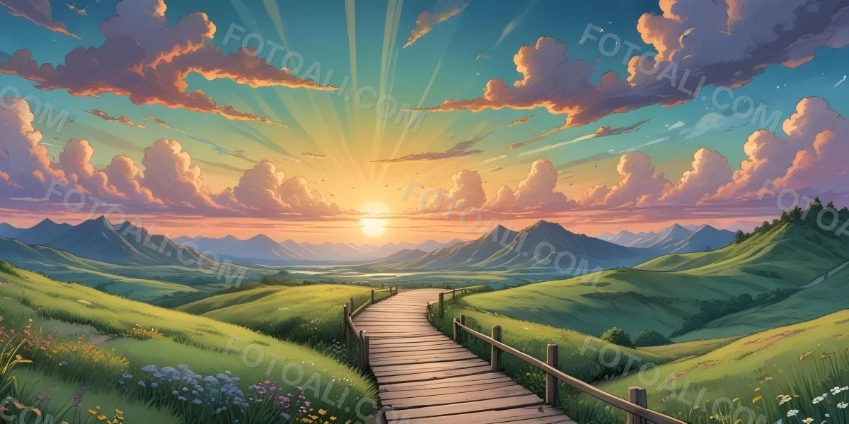 Comic Style A Wooden Walkway Leading Through A Lush Green Landscape With Mountains In The Background Under A Dramatic Cloudy Sky At Sunset A Stone Path Winding Through A Vibrant Colorful Meadow With Hills In 30 1305
