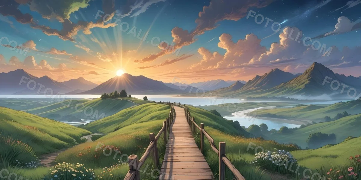 Comic Style A Wooden Walkway Leading Through A Lush Green Landscape With Mountains In The Background Under A Dramatic Cloudy Sky At Sunset A Stone Path Winding Through A Vibrant Colorful Meadow With Hills In 33 9742