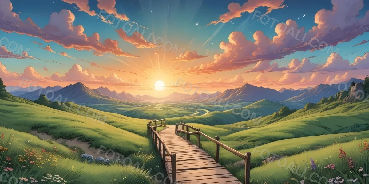 Comic Style A Wooden Walkway Leading Through A Lush Green Landscape With Mountains In The Background Under A Dramatic Cloudy Sky At Sunset A Stone Path Winding Through A Vibrant Colorful Meadow With Hills In 37 E18c