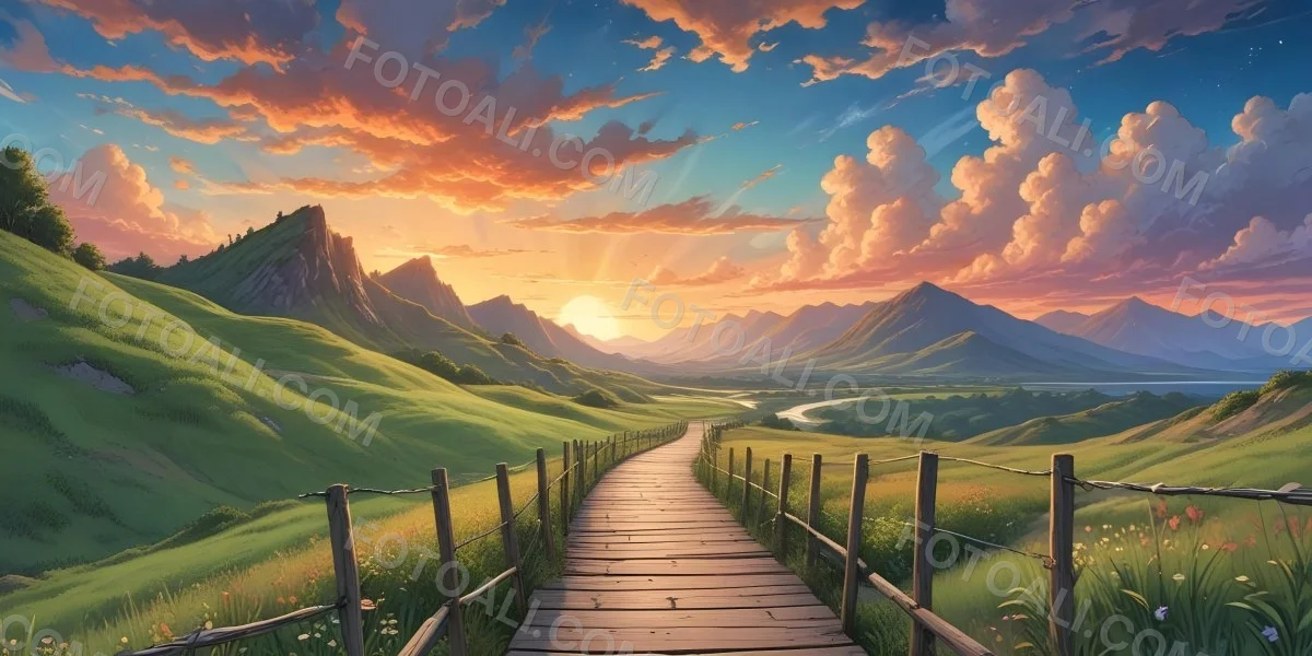 Comic Style A Wooden Walkway Leading Through A Lush Green Landscape With Mountains In The Background Under A Dramatic Cloudy Sky At Sunset A Stone Path Winding Through A Vibrant Colorful Meadow With Hills In 39 Cb6e