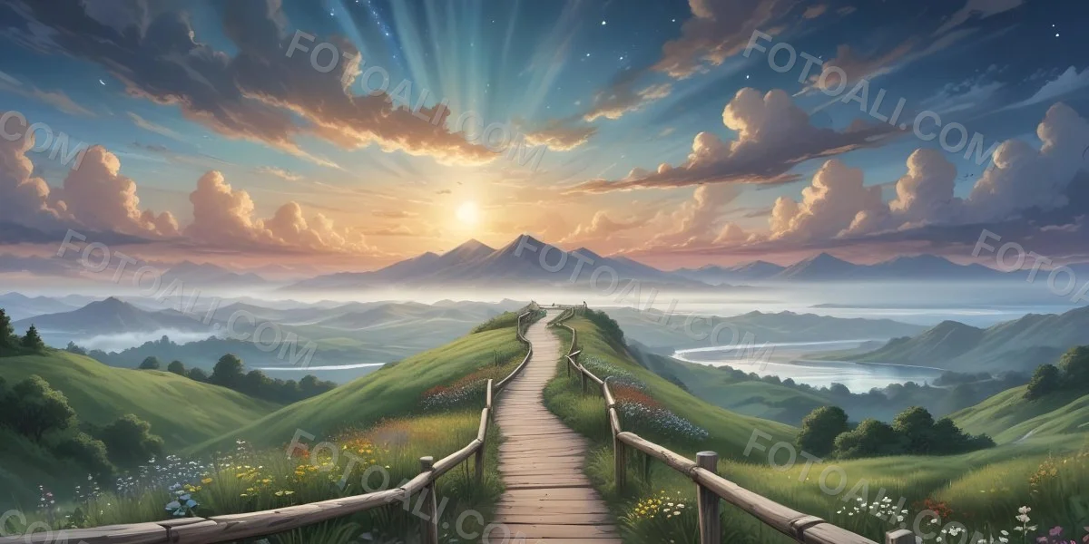 Comic Style A Wooden Walkway Leading Through A Lush Green Landscape With Mountains In The Background Under A Dramatic Cloudy Sky At Sunset A Stone Path Winding Through A Vibrant Colorful Meadow With Hills In 41 7940