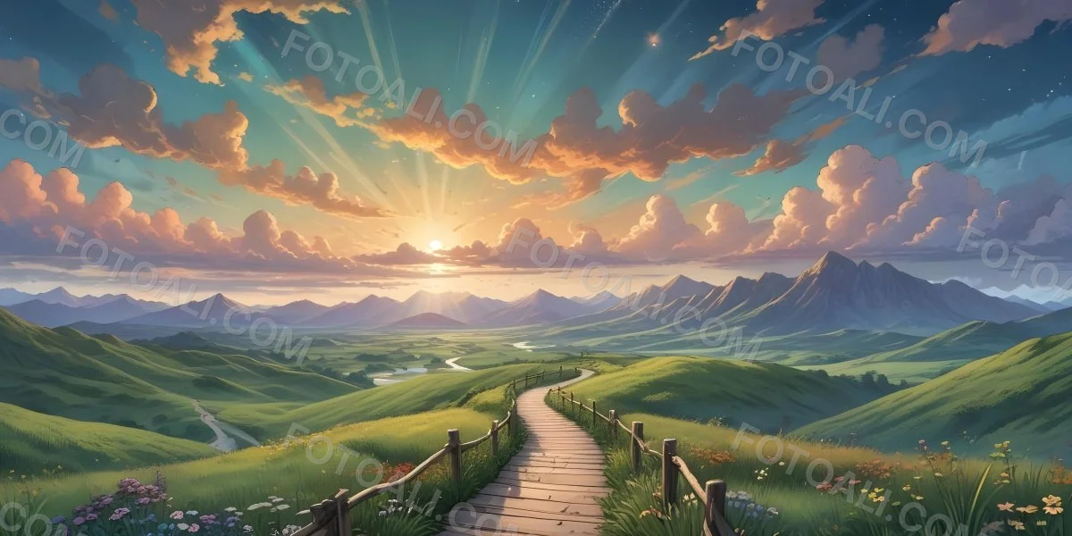 Comic Style A Wooden Walkway Leading Through A Lush Green Landscape With Mountains In The Background Under A Dramatic Cloudy Sky At Sunset A Stone Path Winding Through A Vibrant Colorful Meadow With Hills In 43 93e7