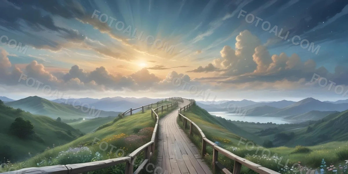 Comic Style A Wooden Walkway Leading Through A Lush Green Landscape With Mountains In The Background Under A Dramatic Cloudy Sky At Sunset A Stone Path Winding Through A Vibrant Colorful Meadow With Hills In 44 A772
