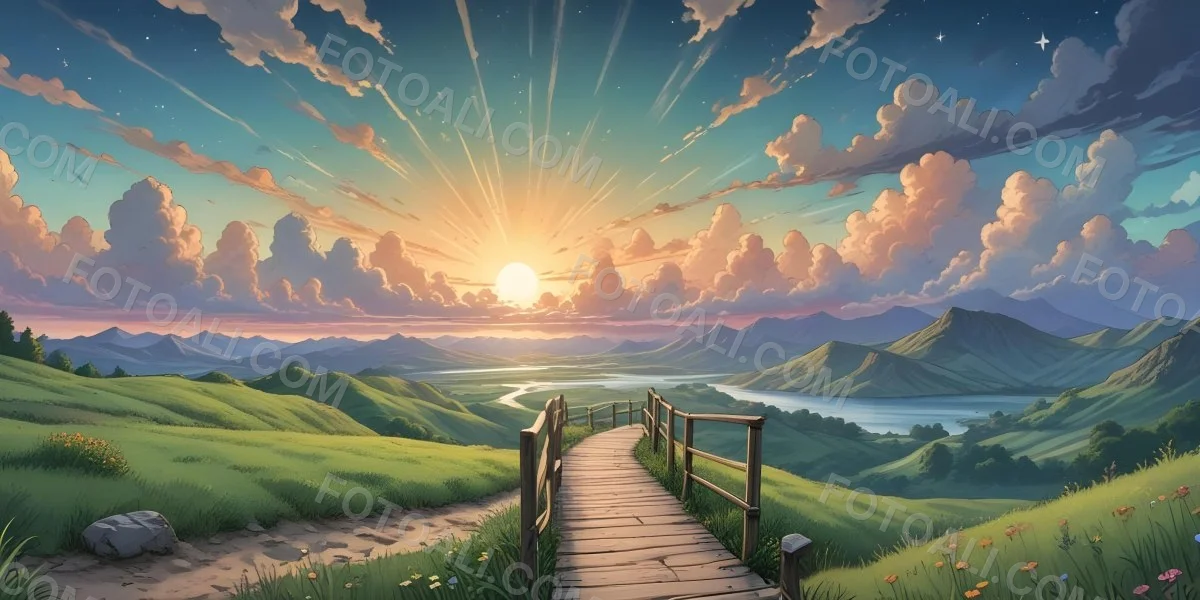Comic Style A Wooden Walkway Leading Through A Lush Green Landscape With Mountains In The Background Under A Dramatic Cloudy Sky At Sunset A Stone Path Winding Through A Vibrant Colorful Meadow With Hills In 46 Bfab