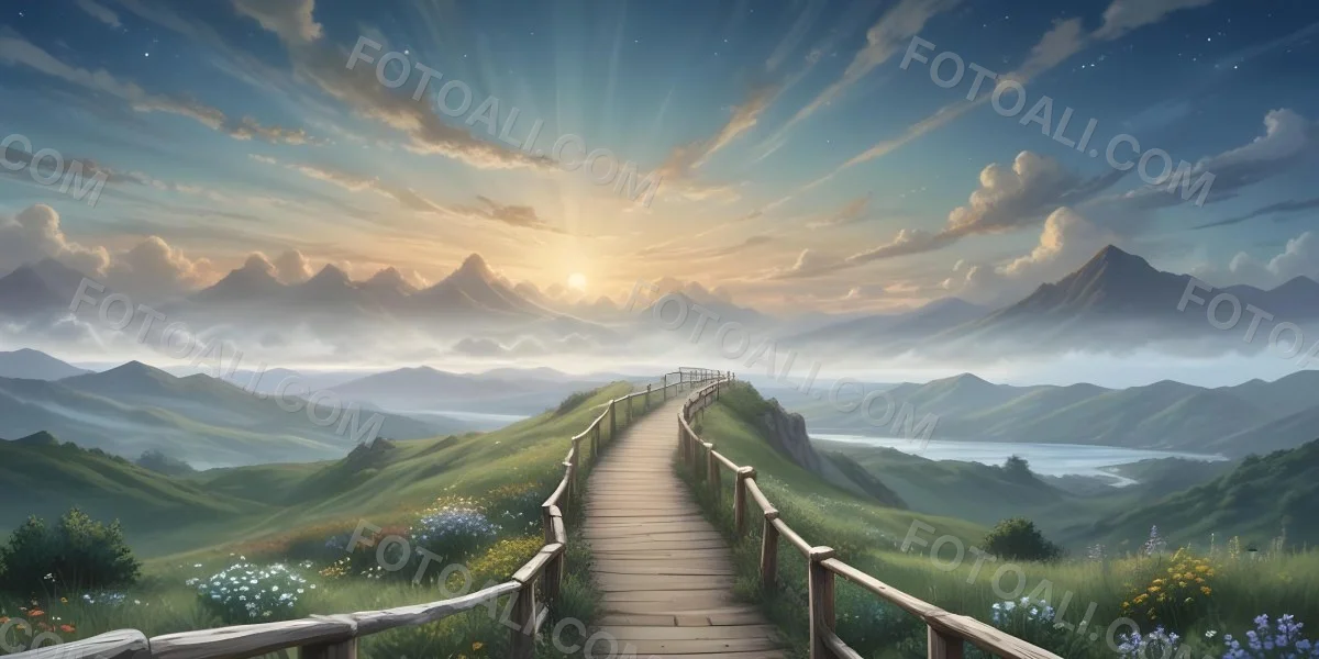 Comic Style A Wooden Walkway Leading Through A Lush Green Landscape With Mountains In The Background Under A Dramatic Cloudy Sky At Sunset A Stone Path Winding Through A Vibrant Colorful Meadow With Hills In 48 Edb1
